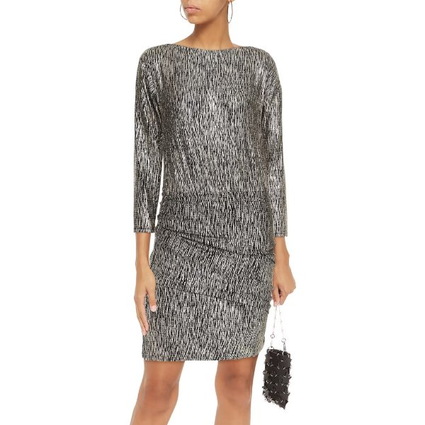 Ruched metallic stretch-knit mini dress