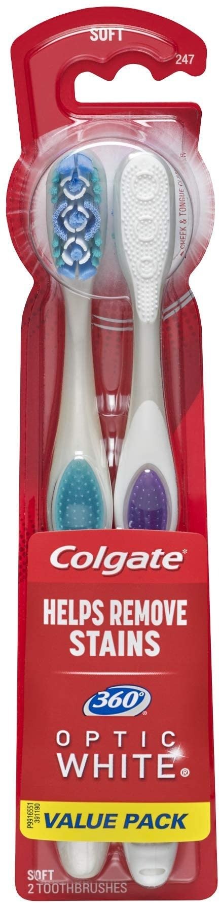 360 Optic White Whitening Toothbrush, Soft - 2 Count