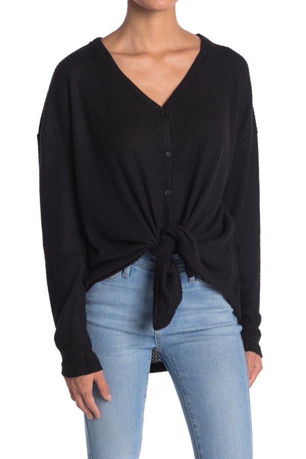 Thermal Knit Tie Front Button Down Top