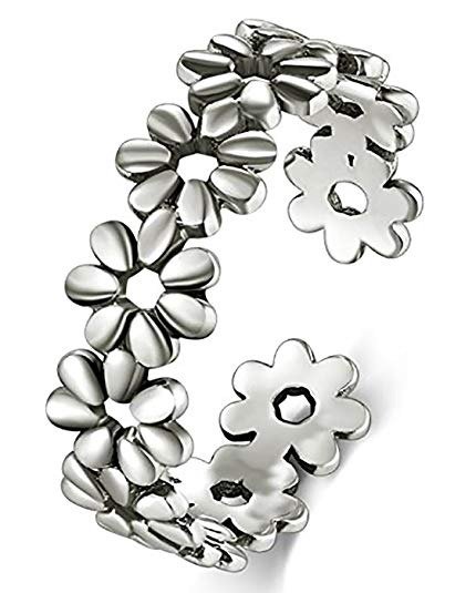 925 Sterting Silver Toe Ring, BoRuo Daisy Flower Hawaiian Adjustable Band Ring