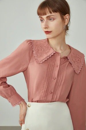粉色刺绣领长袖衬衫