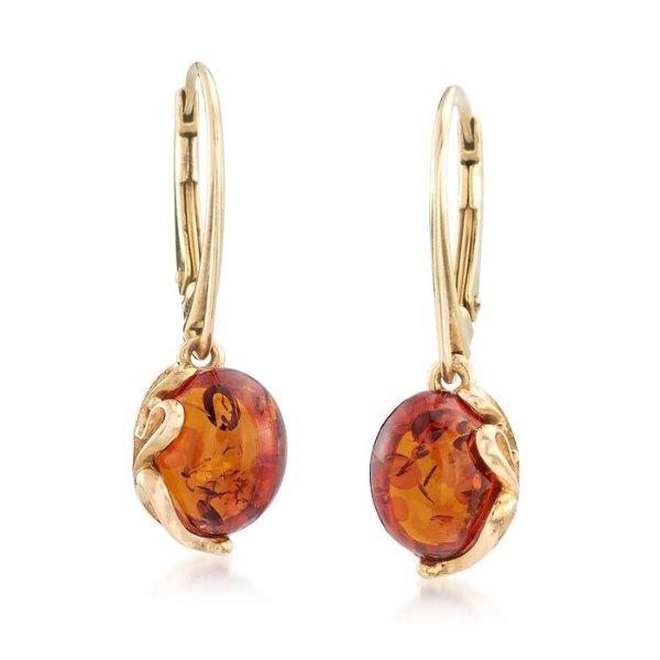 Round Amber Drop Earrings in 18kt Gold Over Sterling | Ross-Simons