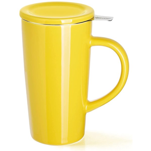 Sweese Porcelain Tea Mug with Infuser and Lid, Ceramic Coffee Cocoa Cup Set for One, Taller and Large, 18 OZ, Yellow