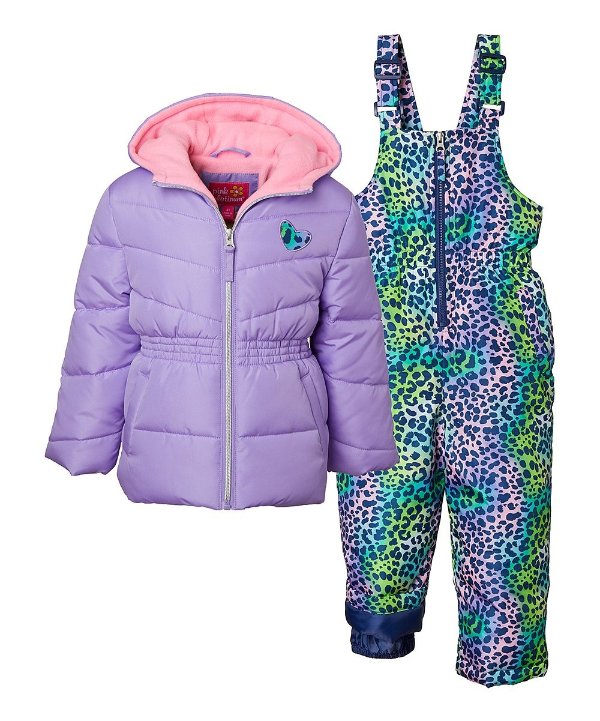 Lilac Puffer Coat & Cheetah Overall Snow Pants - Infant, Toddler & Girls