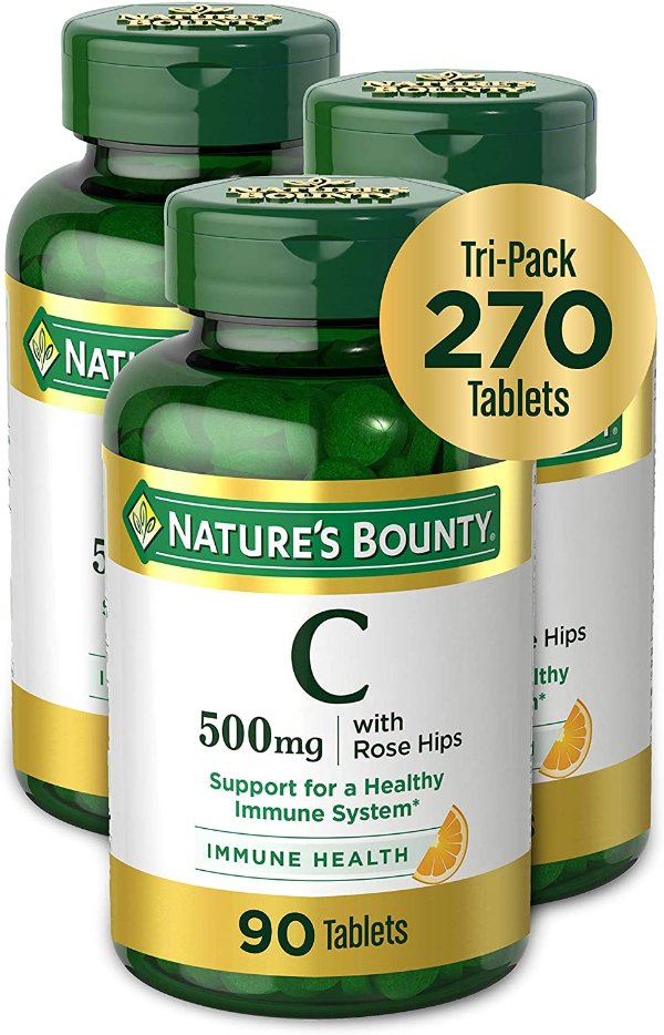 Vitamin C by Nature's Bounty, Vitamin Supplement with Rose Hips, Supports Immune Health, 500mg, 90 Tablets (Pack of 3)