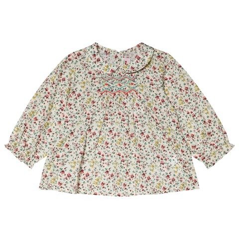 Cream Red And Green Floral Print Smocked Blouse | AlexandAlexa