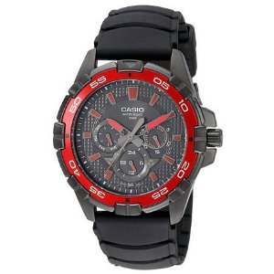 Casio Men's MTD1069B-1A2 Round Analog Black and Red Dial and Black Resin Strap Watch