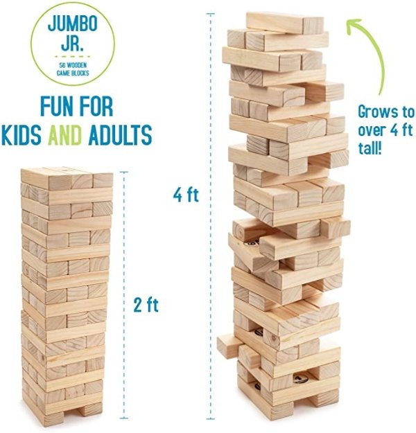 Giant Tumbling Timber Toy - Jumbo JR. Wooden Blocks Floor Game for Kids and Adults, 56 Pieces, Premium Pine Wood, Carry Bag - Grows to Over 4-feet While Playing, Life Size