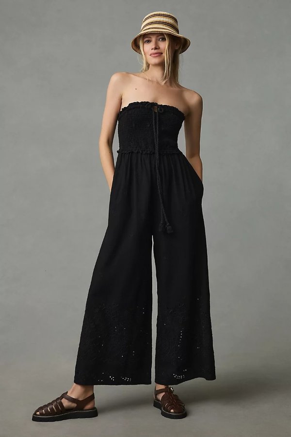 By Anthropologie Strapless Eyelet Jumpsuit