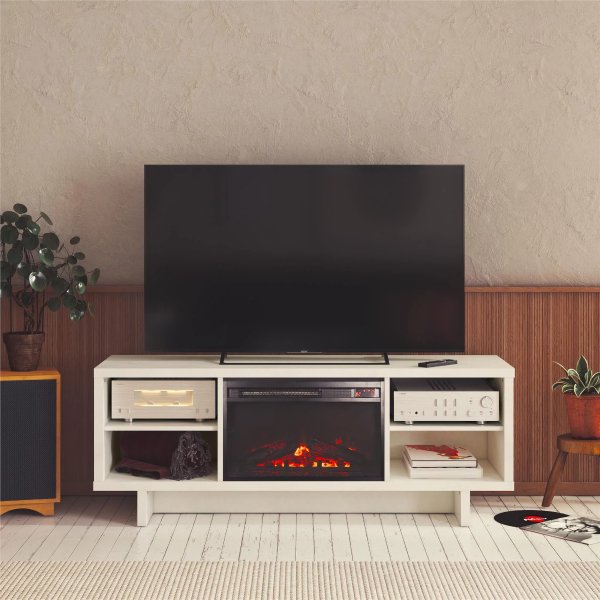 Liam TV Stand with Electric Fireplace for TVs up to 65", Faux Plaster