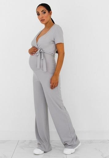 - Gray Rib Wrap Tie Maternity Jumpsuit