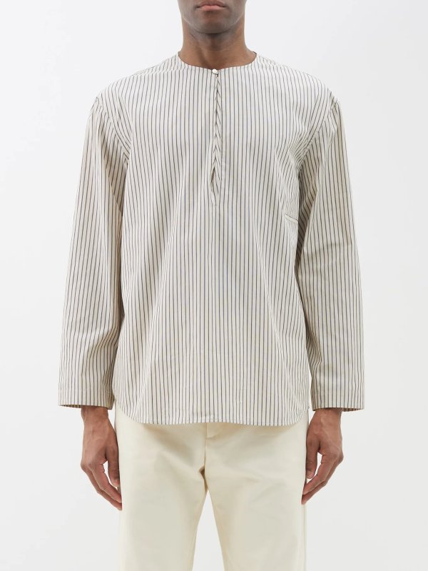Collarless striped cotton shirt