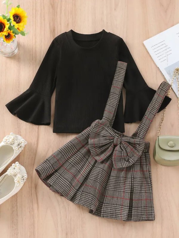 Girls Round Neck Flared Sleeve Top & Bow Suspender Skirt Set - Clothing, Shoes & Jewelry - Temu