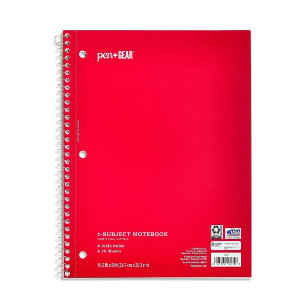 Wide Ruled 1-Subject Notebook, 8" x 10.5", Red, 70 Sheets