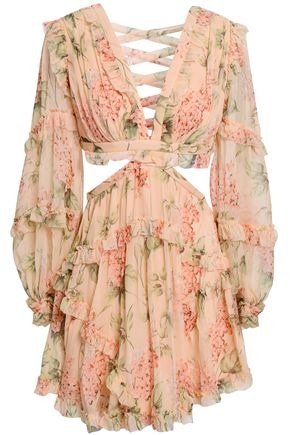 Lace-up cutout floral-print silk-georgette mini dress