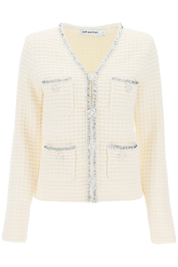 Sequin Embellished Buttoned Waffle Knit Cardigan