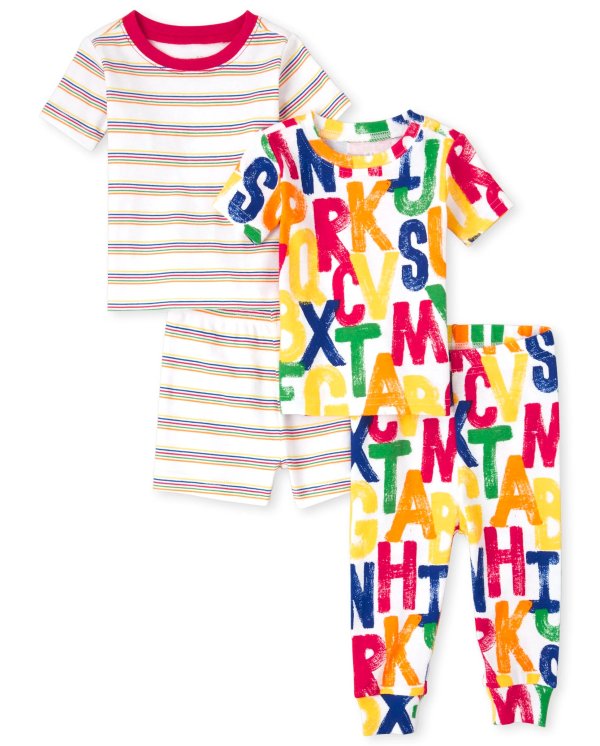 Unisex Baby And Toddler Short Sleeve ABC Snug Fit Cotton 4-Piece Pajamas