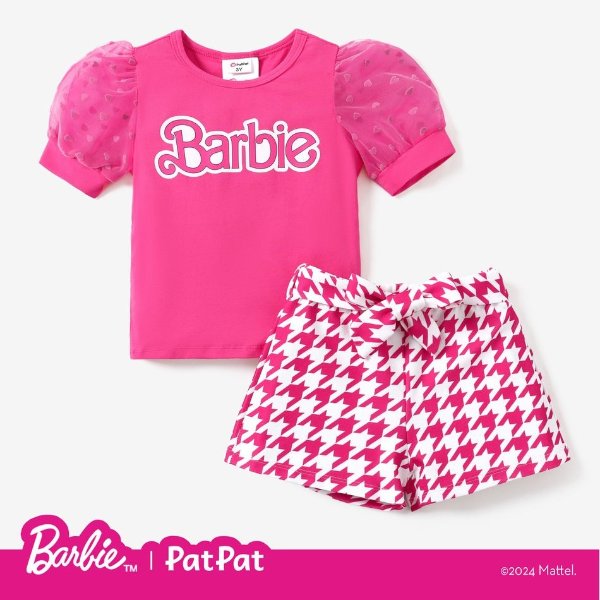 Barbie 2pcs Toddler/Kids Girls Checkered/Plaid Puff-sleeve Bowknot Set