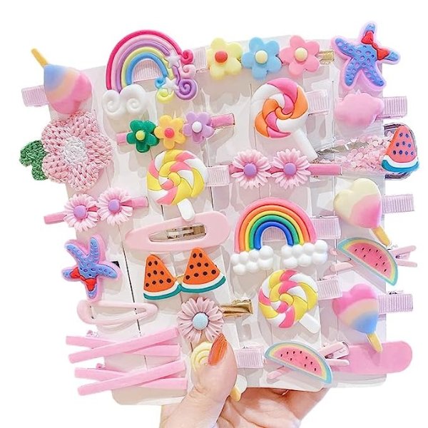 28 PCS Cute Hair Clips Fashion Girls Hair Accessories Flower Fruit Colorful Rainbow Candy Dessert Lovely Animal Barrettes Set Non-slip Metal Snap Pins for Girls Kids Teens Toddlers (Style B)