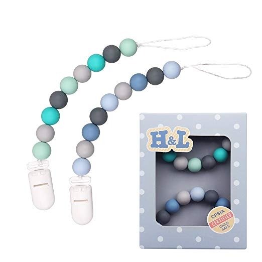 Pacifier Clip, Silicone Teething Beads Binky Teether Holder for Boys,, 2 Pack (Green+Blue)