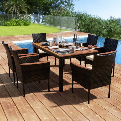 Costway 7 Pieces Rattan Patio Dining Set w/ Stackable Chairs and Umbrella