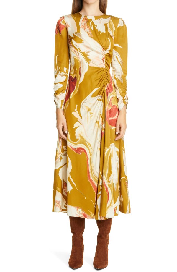 New York Astrid Ruched Long Sleeve Midi Dress