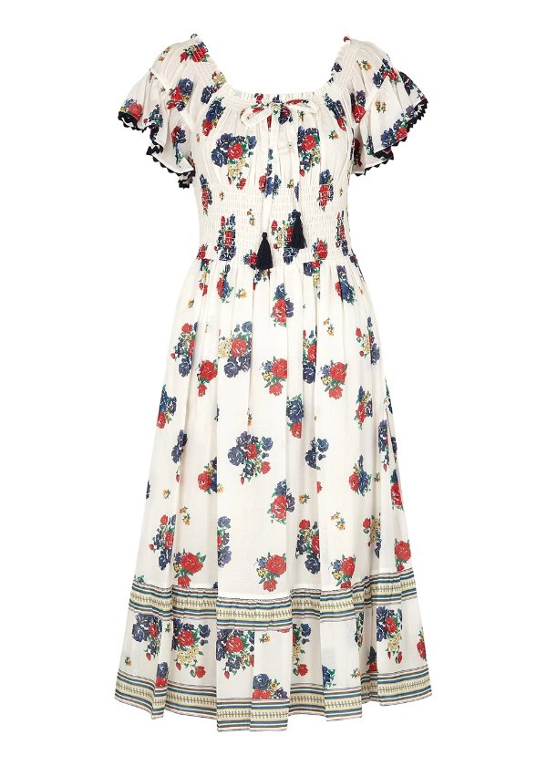 Floral-print smocked cotton midi dress