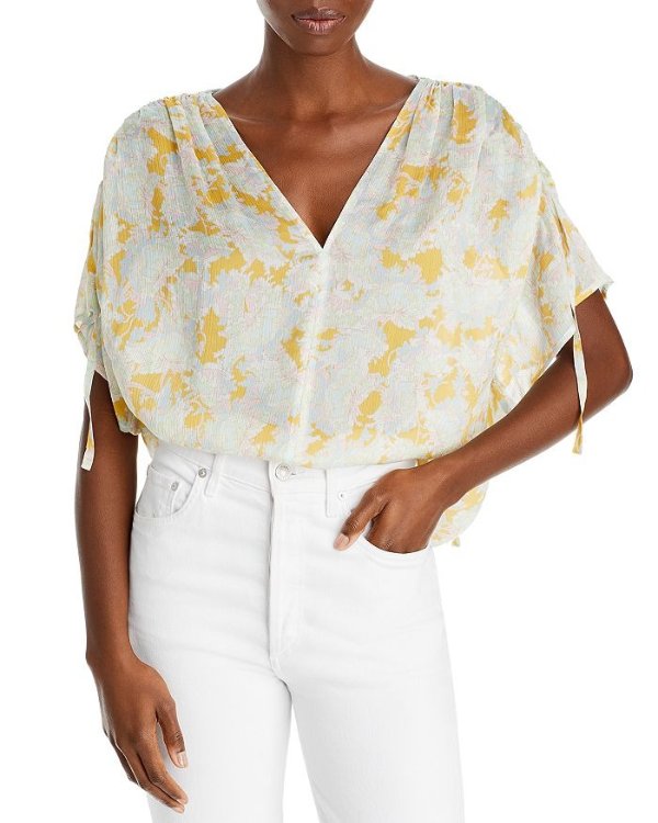 Lotus Ruched Silk Flutter Sleeve Top