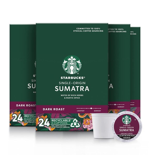 Starbucks K-Cup Coffee Pods—Dark Roast Coffee—Sumatra—100% Arabica—4 boxes (96 pods total)