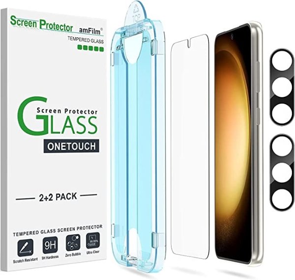 [2+2 Pack OneTouch Tempered Glass Screen Protector for Samsung Galaxy S23+/S23 Plus 6.7 Inch with Camera Lens Protector, 9H Hardness, Easy Installation and Bubble Free.