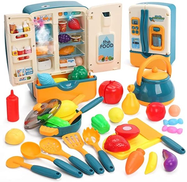 CUTE STONE Kitchen Toys Fridge Refrigerator with Ice Dispenser Pretend Play Appliance for Kids, Play Kitchen Set with Kitchen Playset Accessories for Boys & Girls