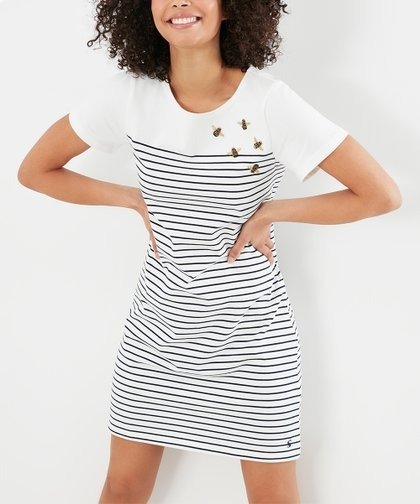 Cream Stripe Bee-Embroidered Riviera Short-Sleeve Shift Dress - Women