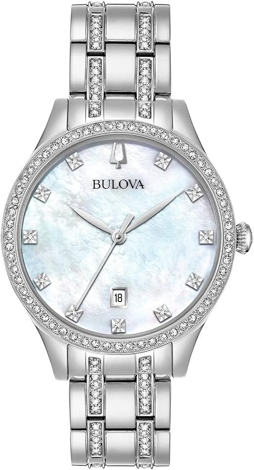 Ladies' Classic Crystal Stainless Steel 3-Hand Quartz Watch, White Mother-of-Pearl Dial Style: 96M144