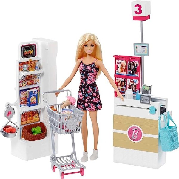 Doll & Playset, Supermarket with 25 Grocery Store-Themed Accessories Including Food, Check-Out Counter & Shelves