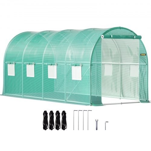 VEVOR Walk-in Tunnel Greenhouse, 15 x 7 x 7 ft Portable Plant Hot House w/ Galvanized Steel Hoops, 1 Top Beam, Diagonal Poles, Zippered Door & 8 Roll-up Windows, Green | VEVOR US