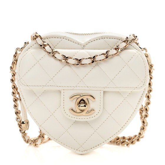 Lambskin Quilted CC In Love Heart Clutch With Chain White | FASHIONPHILE
