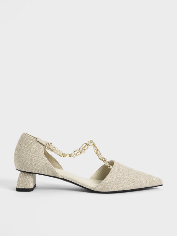 Beige Beaded Metallic-Chain Linen D'Orsay Pumps | CHARLES &amp; KEITH