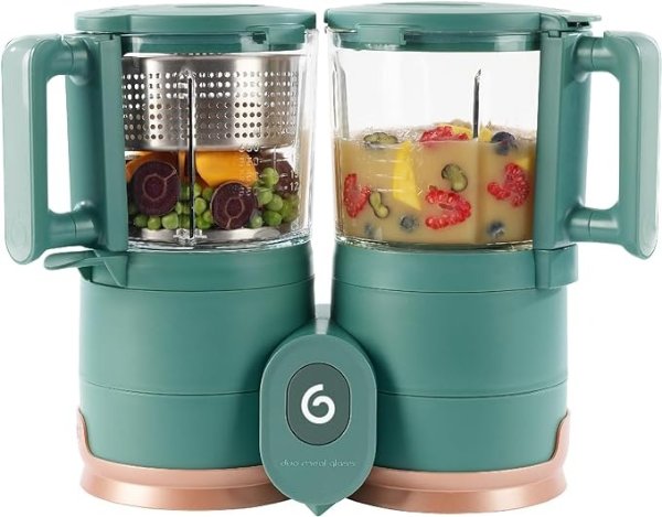 Duo Meal Glass Food Maker - Baby Food Processor with Built-in Glass Steamer, Stainless Steel Basket, and Glass Blender (Over 6 Cup Capacity), Dark green