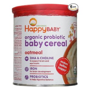 Happy Baby Organic Probiotic Baby Cereal with DHA & Choline, Oatmeal, 7-Ounce Canisters (Pack of 6)