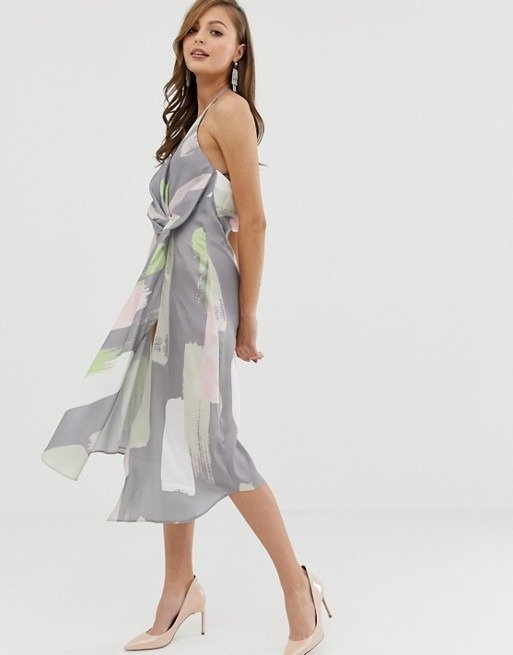 DESIGN minimal drape midi dress in asbtract brush print |