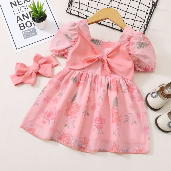 2pcs Baby Girl Short-sleeve Floral Dresses and Headband Sets