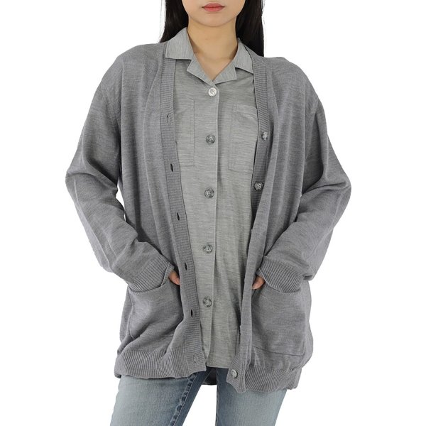 Ladies Cloud Grey Wool Cardigan Detail Silk Jersey Shirt