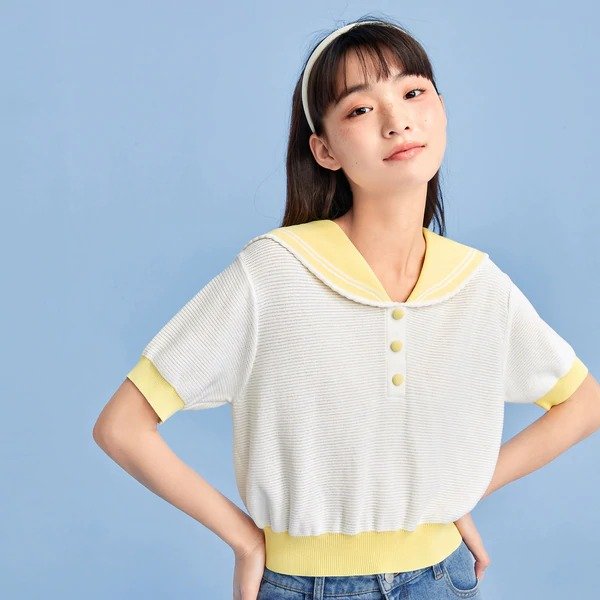 Preppy Style Contrast Color Sailor Collar Crop Short Sweater