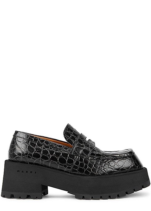 Black crocodile-effect leather platform loafers