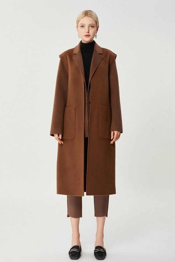 深棕色两穿式双面羊毛大衣