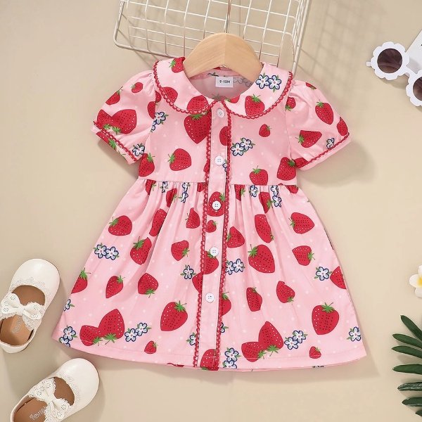 1pcs Baby Girl Short-sleeve Doll Collar Fruit Print Dress