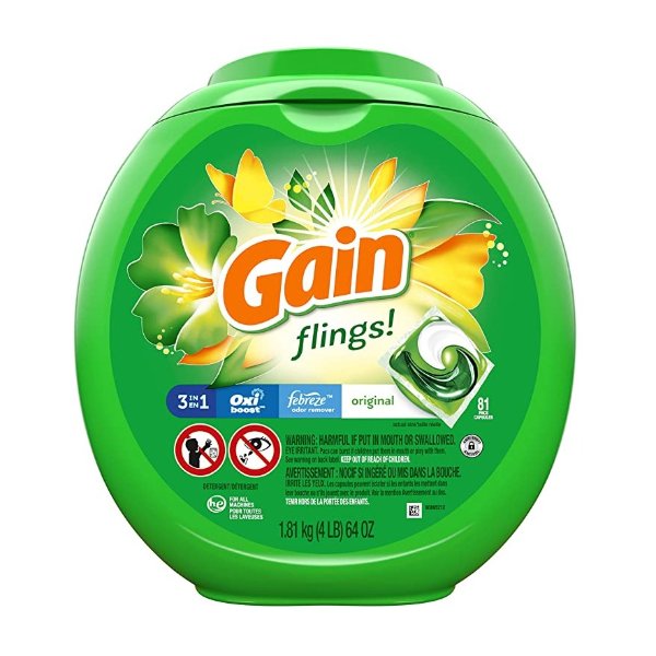 flings Liquid Laundry Detergent Pacs, Original, 81 Count
