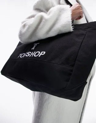 Topshop twisty 'T' logo canvas tote in black