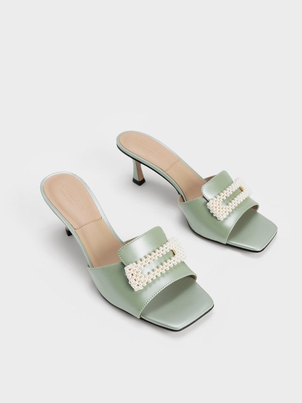 Green Beaded Leather Square-Toe Mules | CHARLES & KEITH