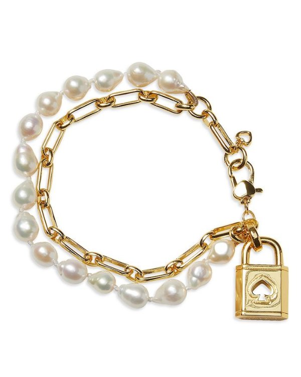 Lock And Spade Padlock Charm Paperclip Link & Freshwater Pearl Double Row Bracelet in Gold Tone